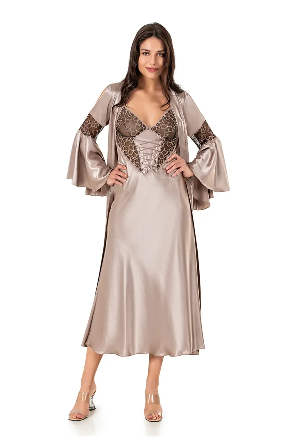 İç Giyim MOONGİRL Saten Uzun İkili Gecelik Takım