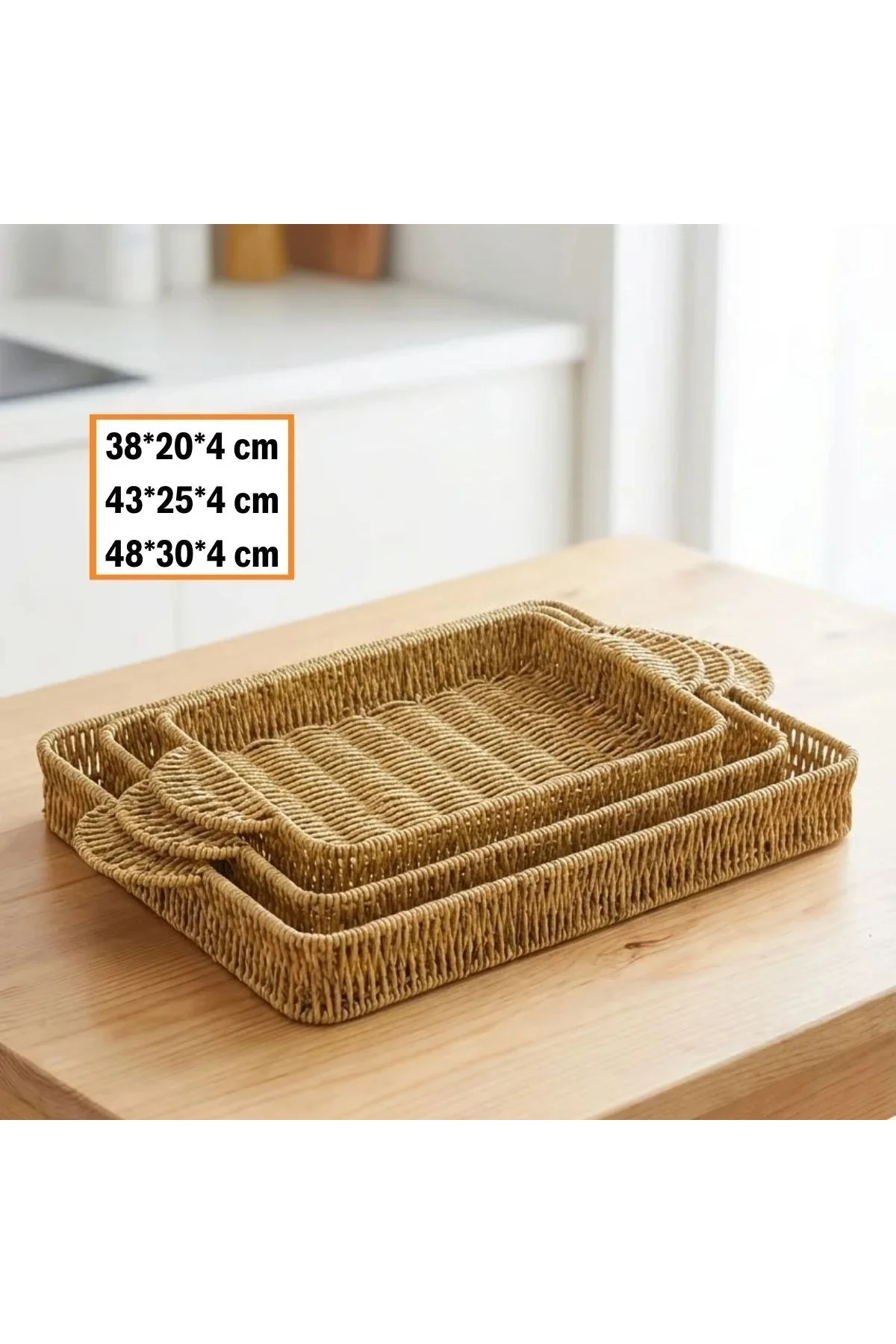 İç İçe Geçebilen 3’lü Dikdörtgen Plastik Rattan Tepsi Seti–Hasır Görünümlü Çok Amaçlı Servis ve Sunu - Görsel 4