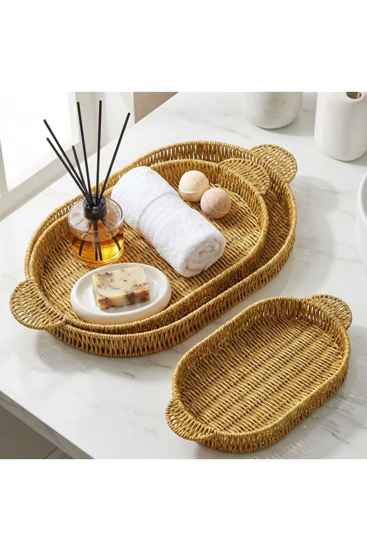 İç İçe Geçebilen 3’lü Oval Plastik Rattan Tepsi Seti–Hasır Görünümlü Çok Amaçlı Servis ve Sunum Teps İç İçe Geçebilen 3’lü Oval Plastik Rattan Tepsi Seti–Hasır Görünümlü Çok Amaçlı Servis ve Sunum Teps - Görsel 2