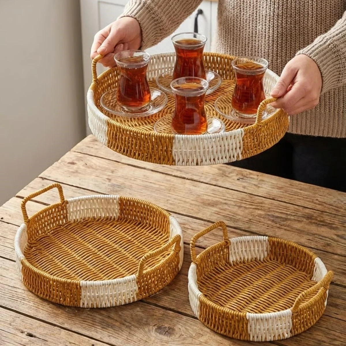 İç İçe Geçebilen 3’lü Yuvarlak Plastik Rattan Tepsi Seti–çift Renkli Hasır Görünümlü Çok Amaçlı Servis Ve Sunum Tepsileri Bx40 Fiyatı, Yorumları ve Özellikleri