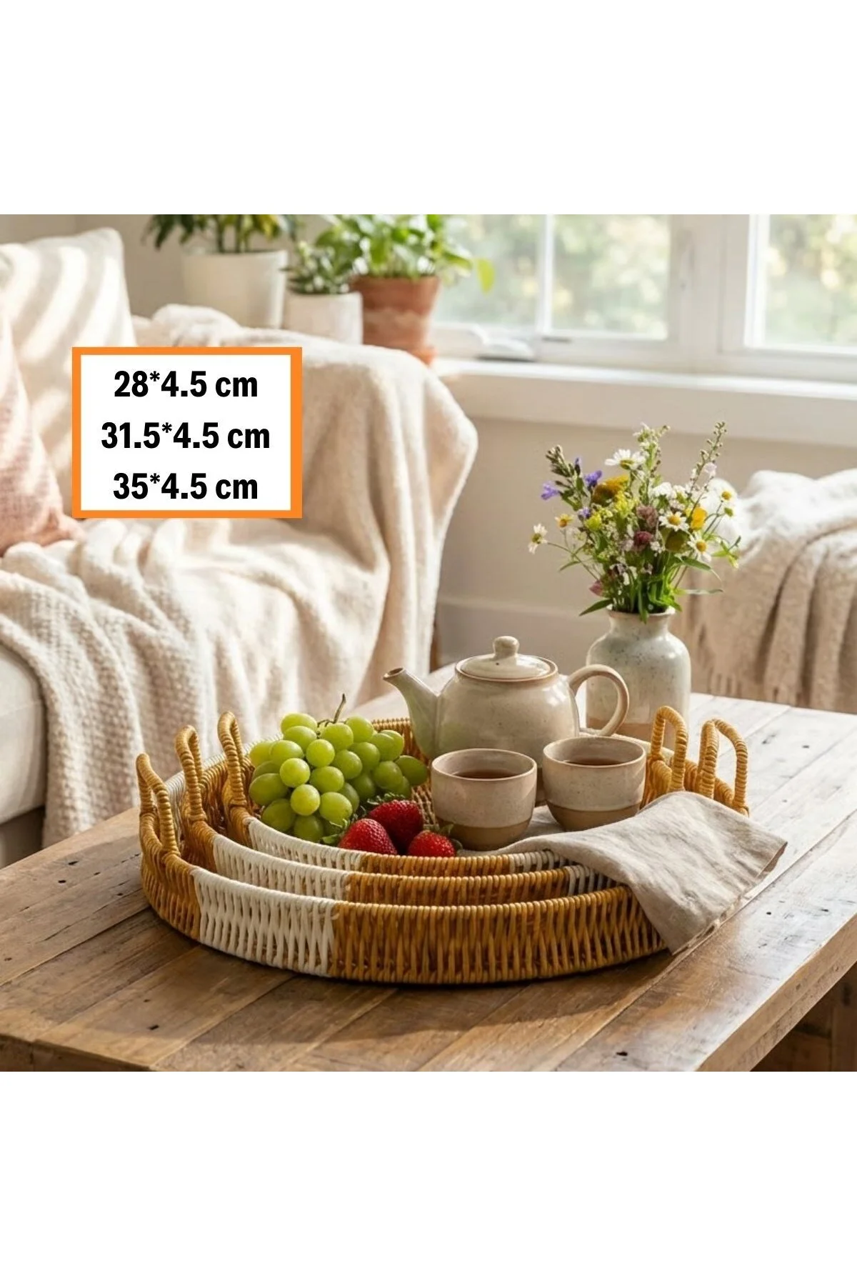 İç İçe Geçebilen 3’lü Yuvarlak Plastik Rattan Tepsi Seti–Çift Renkli Hasır Görünümlü Çok Amaçlı Serv - Görsel 4