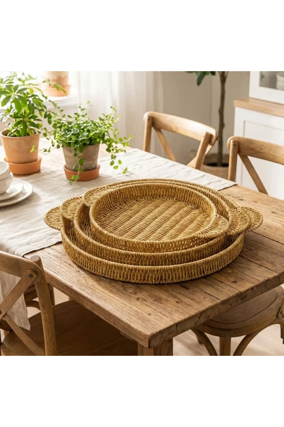 İç İçe Geçebilen 3’lü Yuvarlak Plastik Rattan Tepsi Seti–Hasır Görünümlü Çok Amaçlı Servis ve Sunum İç İçe Geçebilen 3’lü Yuvarlak Plastik Rattan Tepsi Seti–Hasır Görünümlü Çok Amaçlı Servis ve Sunum