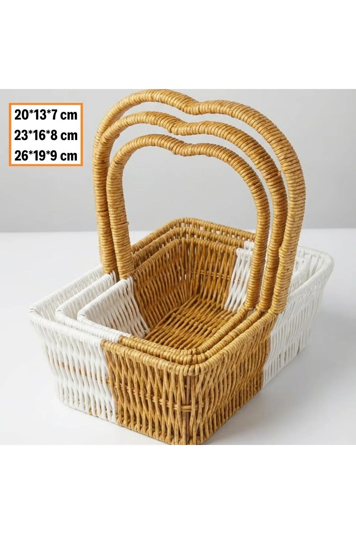 İç İçe Geçebilen 3’lü Çift Renkli Dikdörtgen Formlu Kalp Saplı Plastik Rattan Sepet Seti – Hasır Gör - Görsel 5