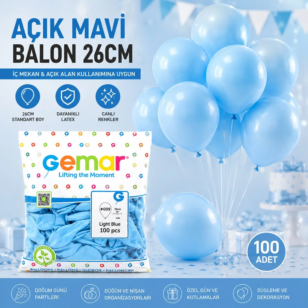 İç Mekan - Açık Mavi Balon 10 Inc - 26cm - 100pcs Bx40 Fiyatı, Yorumları ve Özellikleri