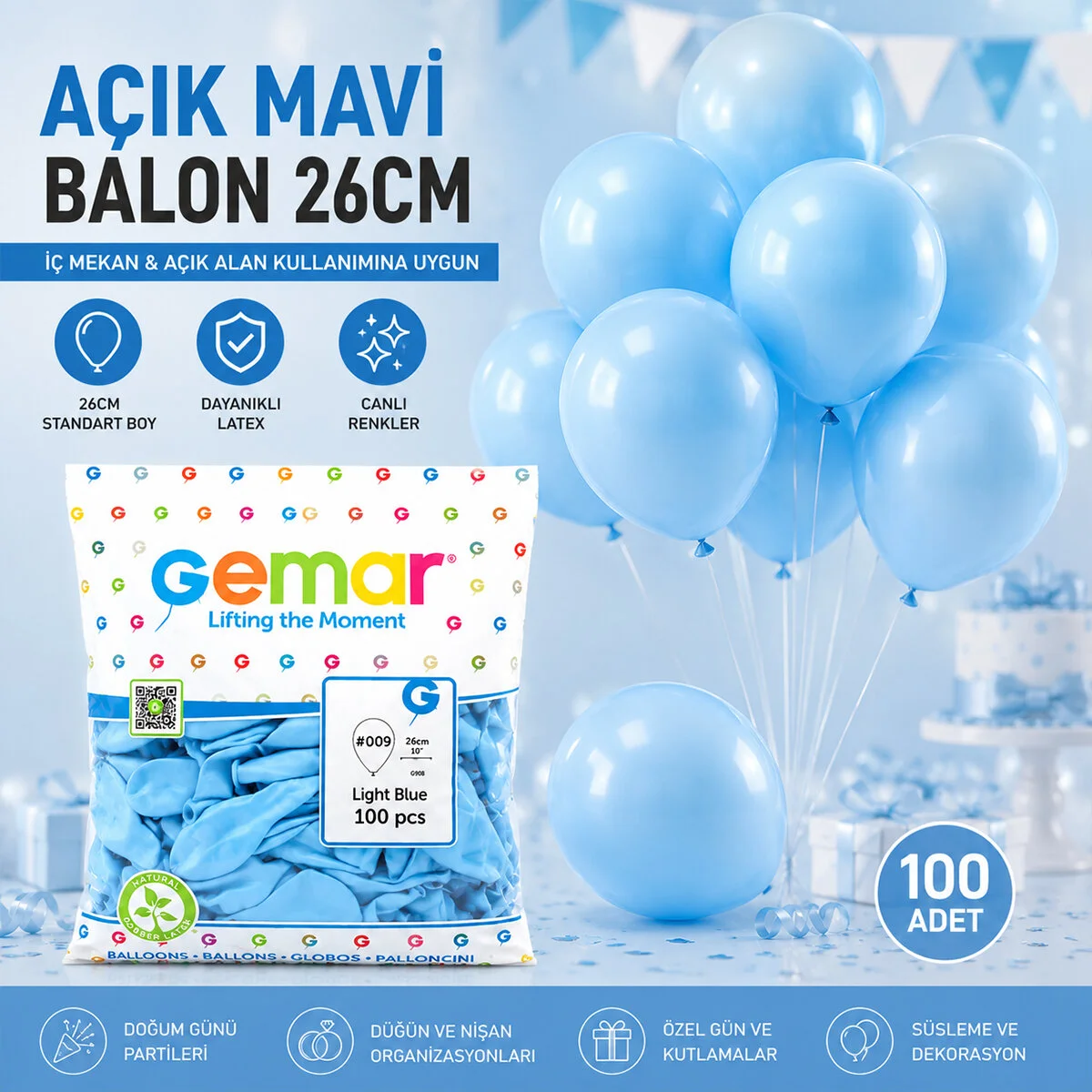 İç Mekan - Açık Mavi Balon 10 Inc - 26CM - 100PCS İç Mekan - Açık Mavi Balon 10 Inc - 26CM - 100PCS