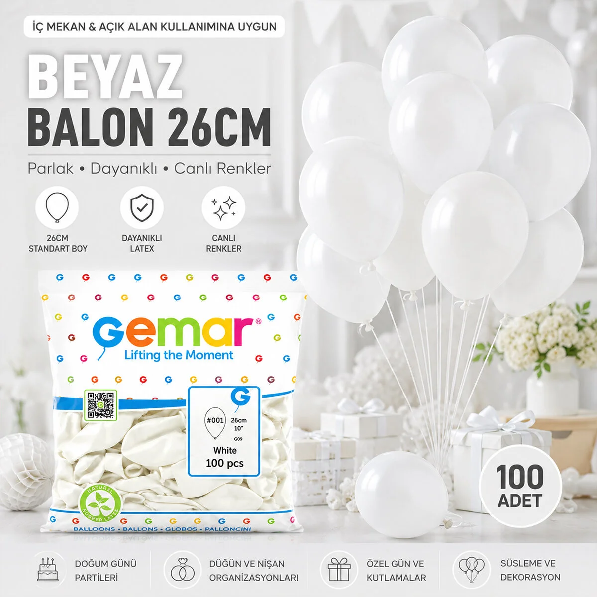 İç Mekan - Beyaz Balon 10 Inc - 26CM - 100PCS İç Mekan - Beyaz Balon 10 Inc - 26CM - 100PCS
