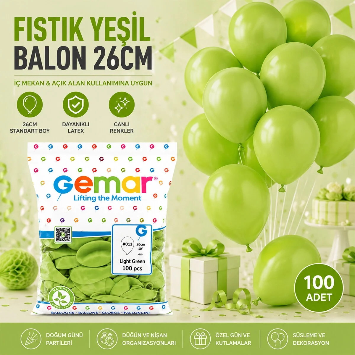 İç Mekan - Fıstık Yeşil Balon 10 Inc - 26cm - 100pcs Bx40 Fiyatı, Yorumları ve Özellikleri