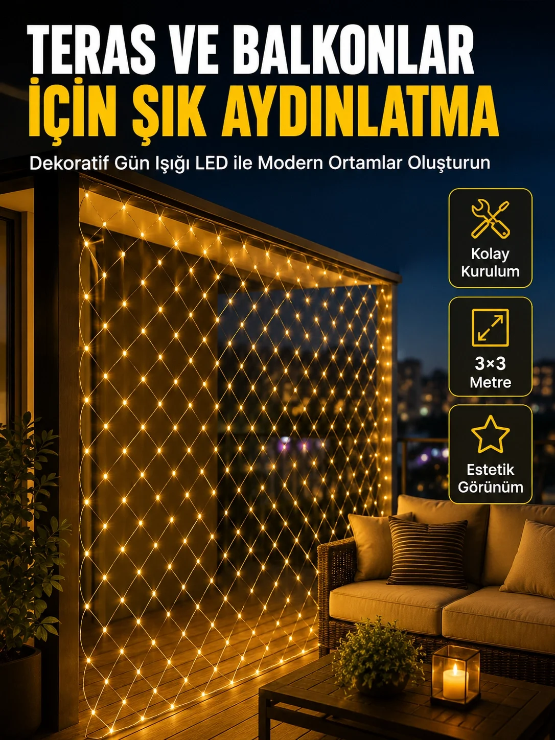 İç ve Dış Mekân Kullanımına Uygun 3x3 Metre LED Işık Ağı