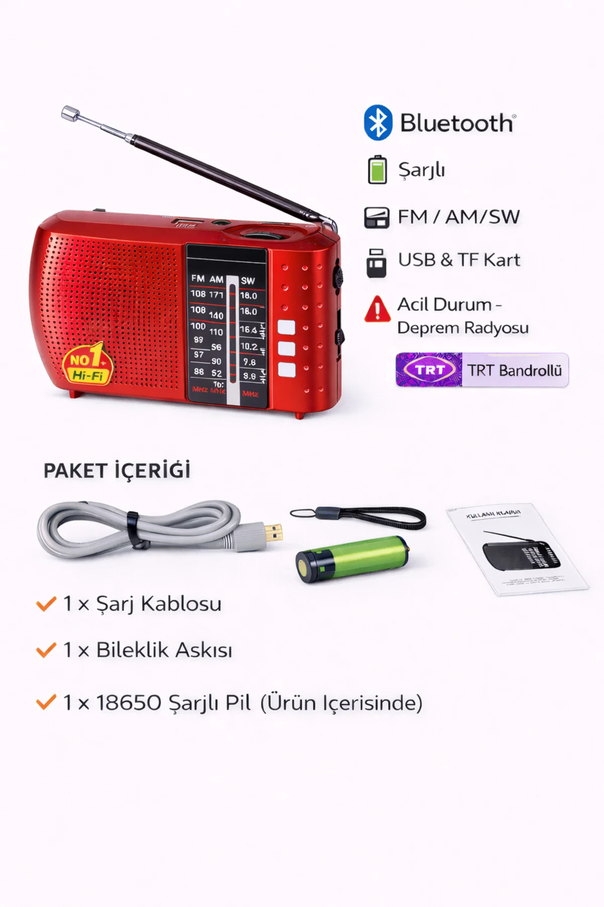 ICF8BT Bluetooth’lu Şarjlı Cep Radyosu | FM AM SW | USB TF Kart |