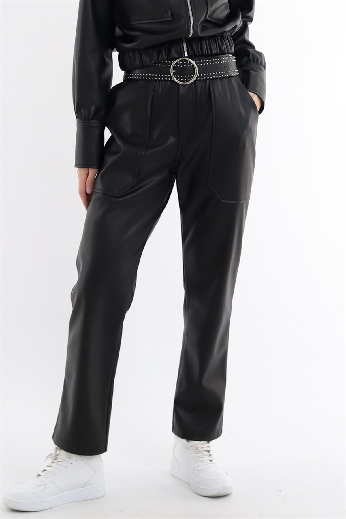 Dreamlike İçi Süet Kaplı Beli Büzgülü Boru Paça Yüksek Bel Deri Pantolon