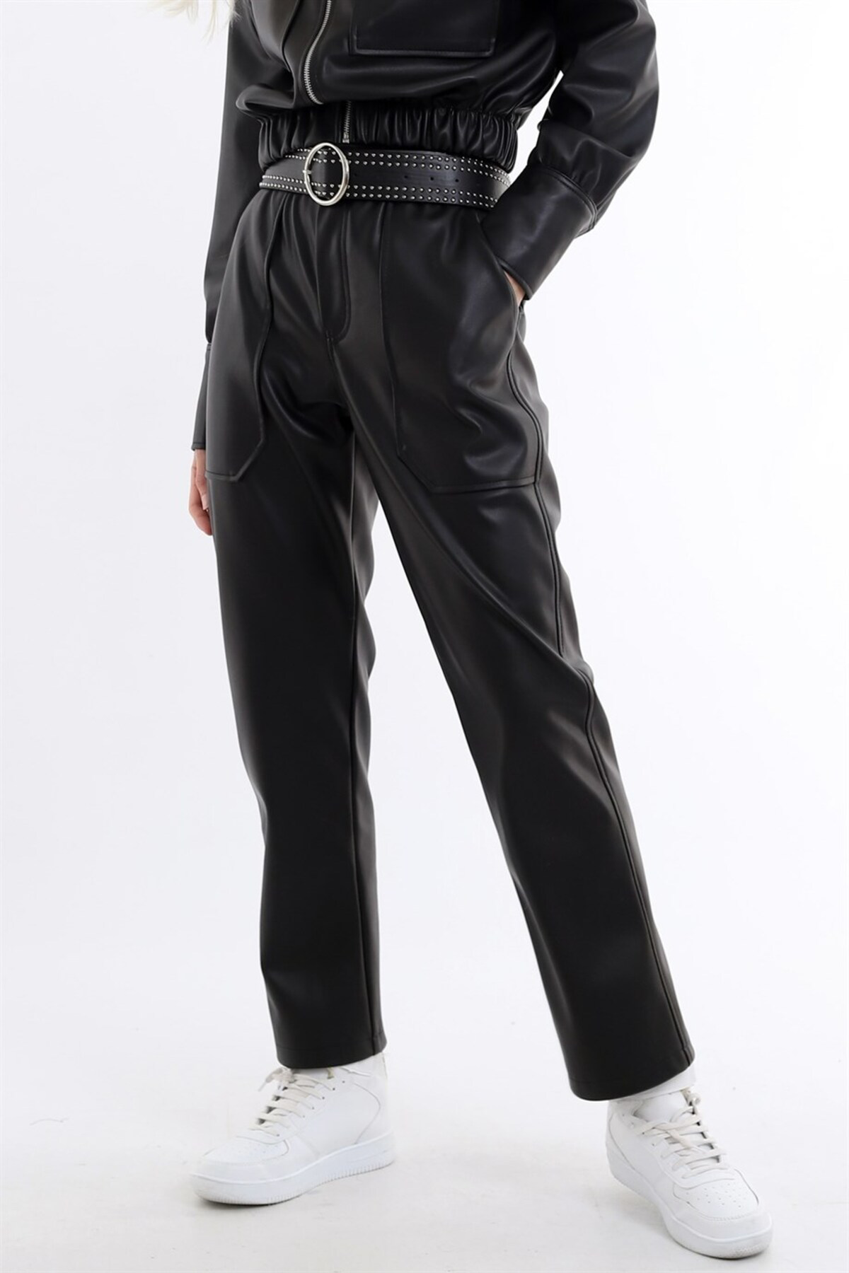 Dreamlike İçi Süet Kaplı Beli Büzgülü Boru Paça Yüksek Bel Deri Pantolon