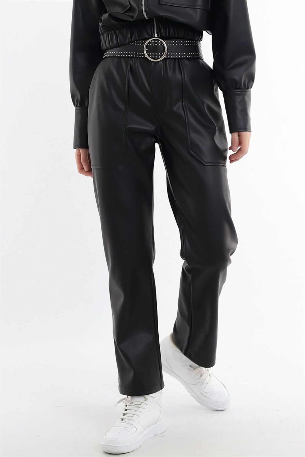 Dreamlike İçi Süet Kaplı Beli Büzgülü Boru Paça Yüksek Bel Deri Pantolon