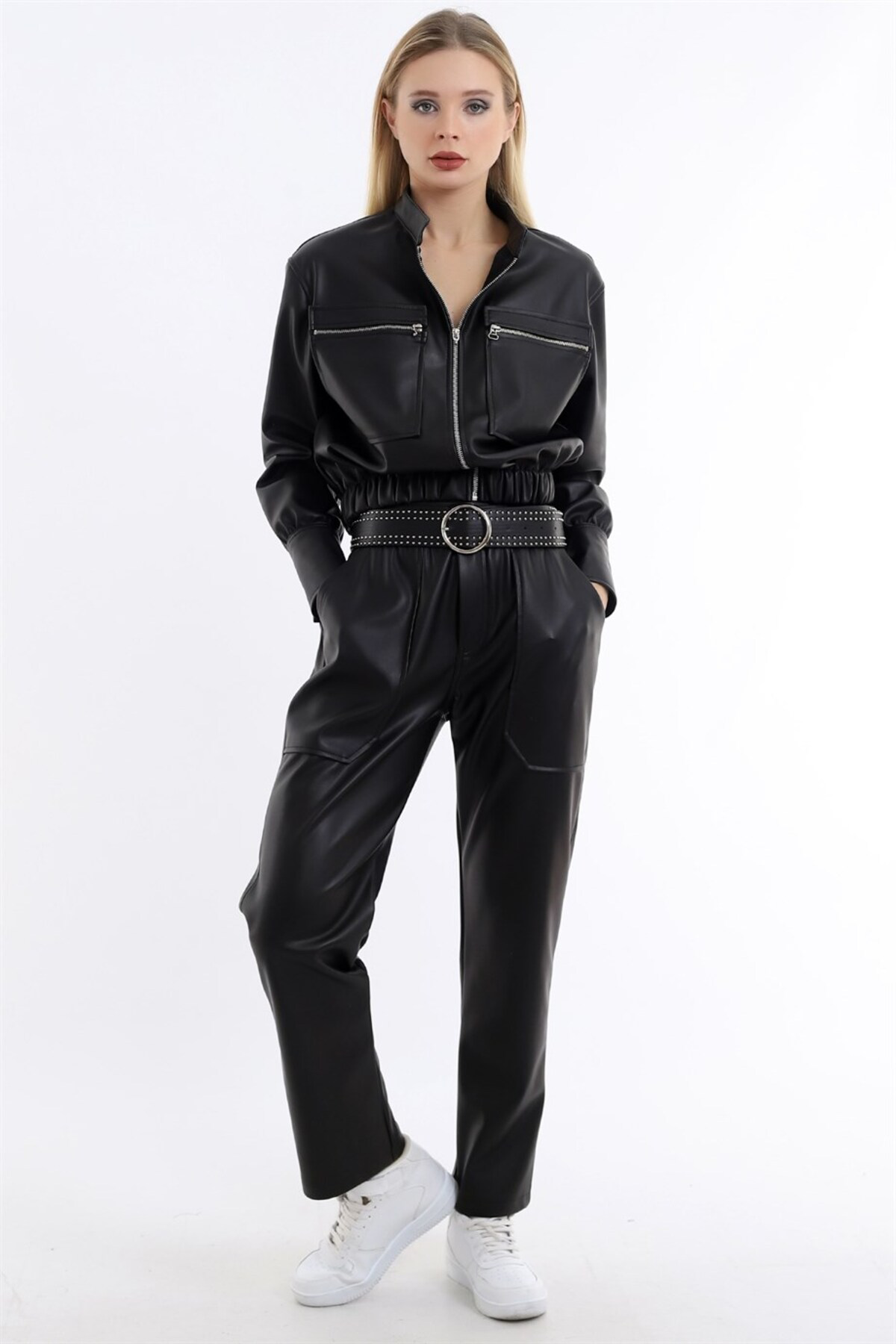 Dreamlike İçi Süet Kaplı Beli Büzgülü Boru Paça Yüksek Bel Deri Pantolon