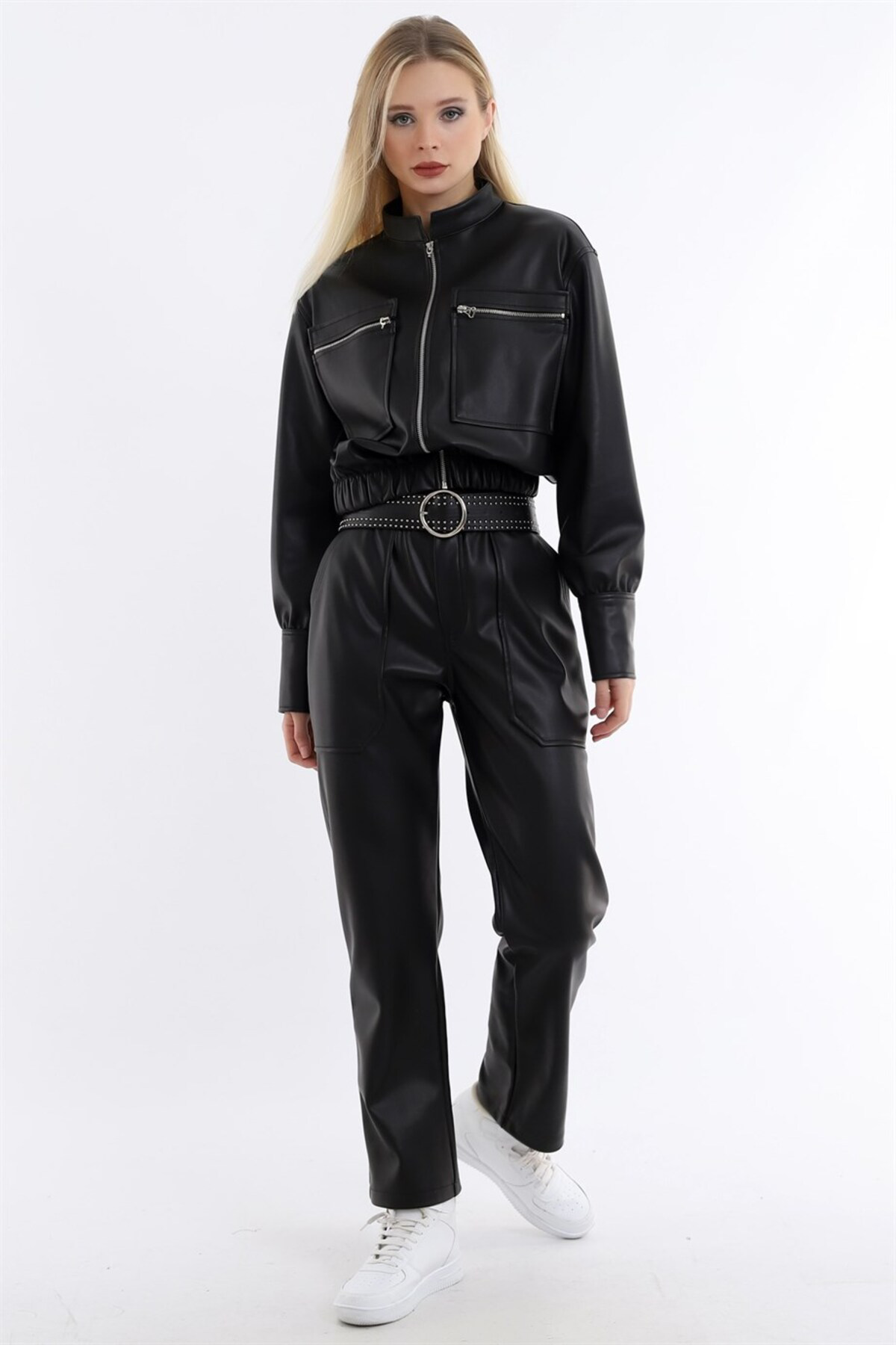 Dreamlike İçi Süet Kaplı Beli Büzgülü Boru Paça Yüksek Bel Deri Pantolon