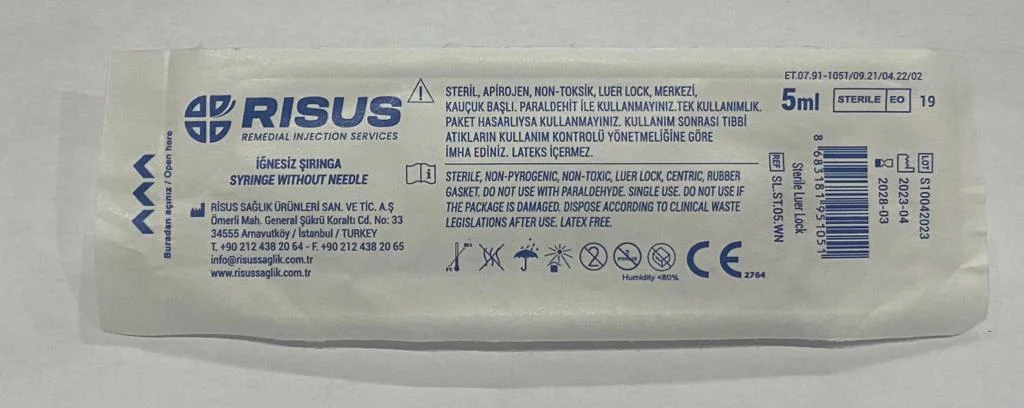İğnesiz Şırınga Luer Lock 5ML - Steril Tek Kullanımlık Tıbbi Şırınga