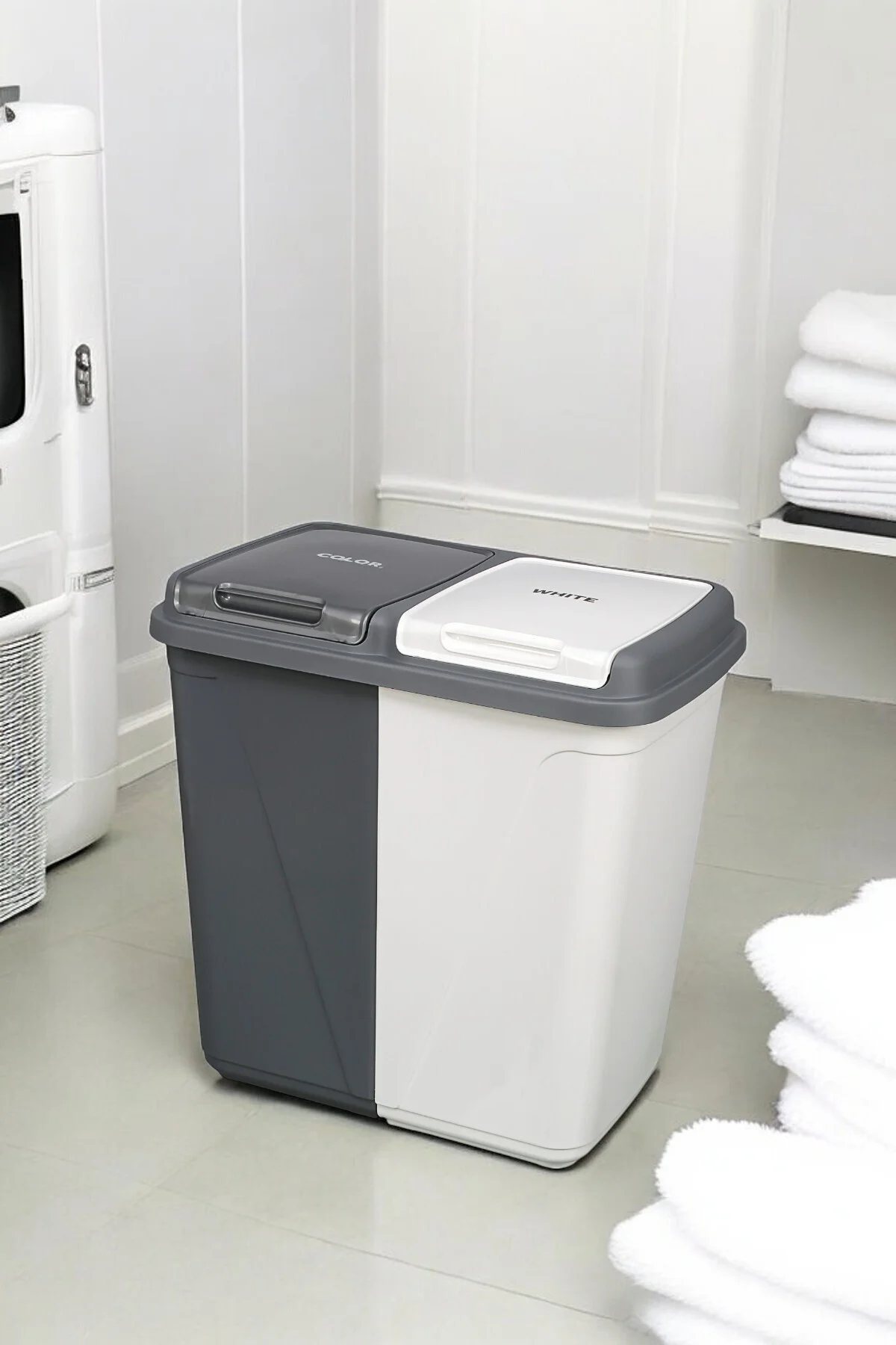 İki Bölmeli Kapaklı Çamaşır Sepeti Çok Amaçlı Depolama, 60lt Haci