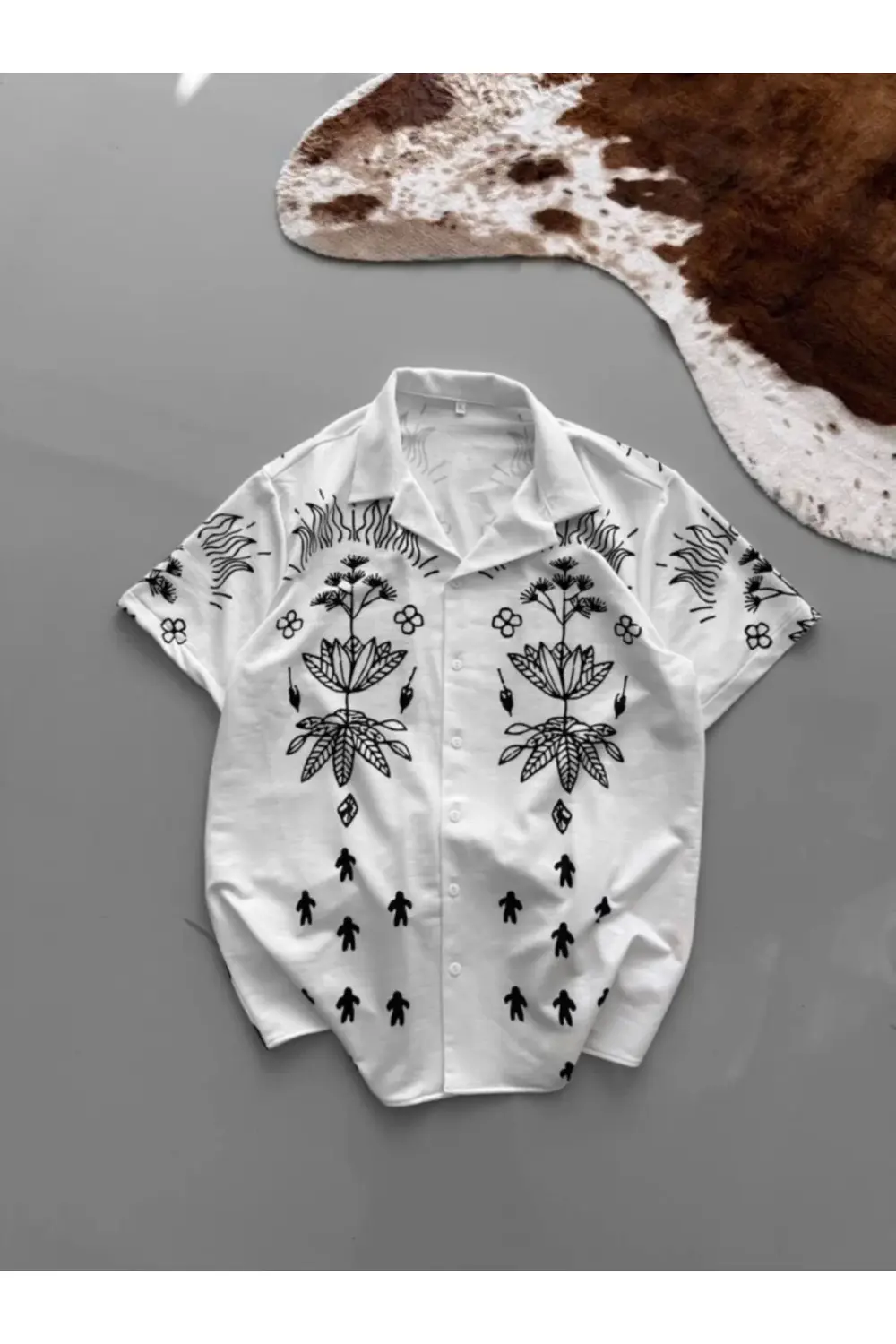 İki İplik Kumaş Baskılı Gömlek - Beyaz