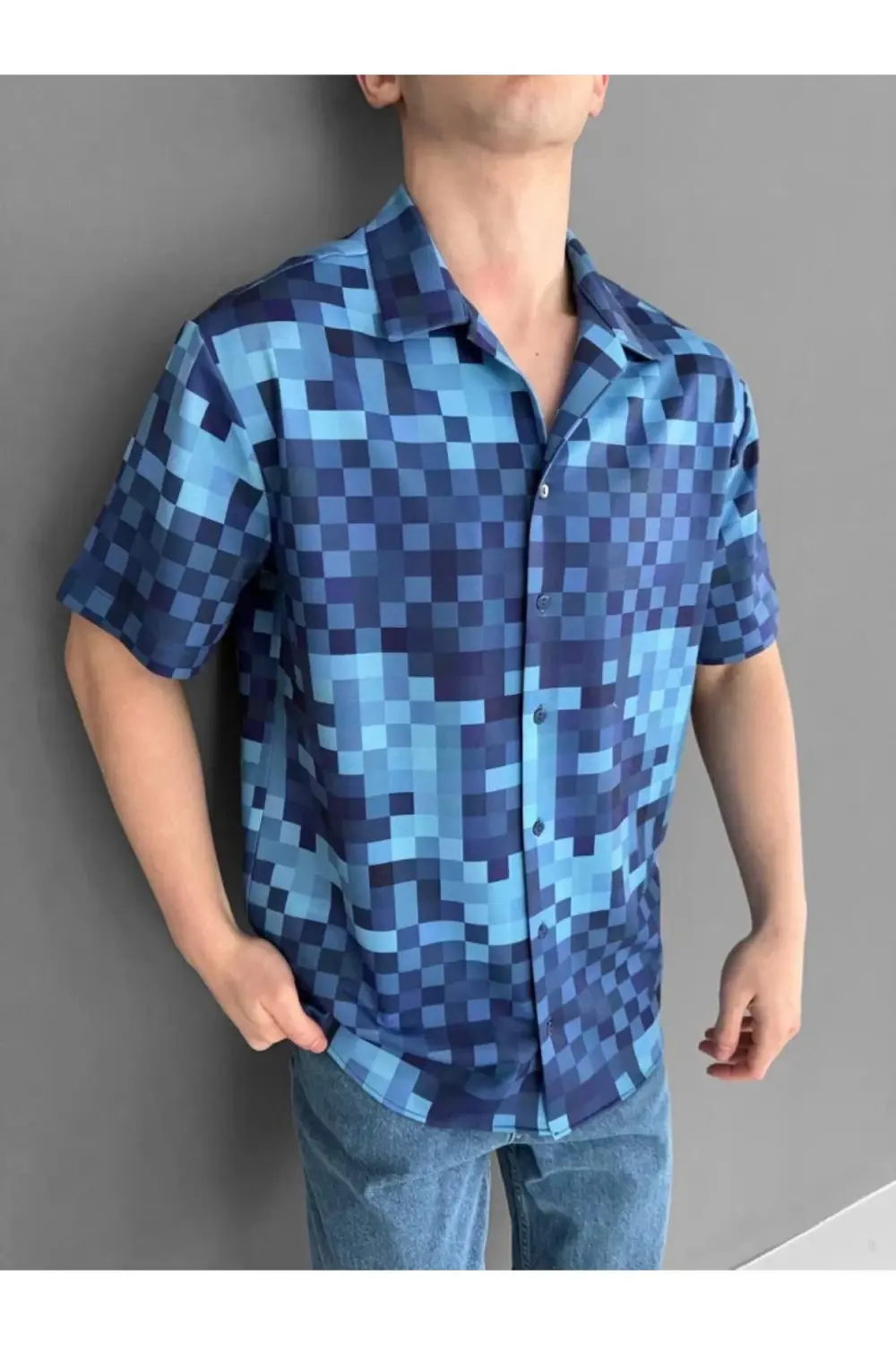 İki İplik Kumaş Baskılı Gömlek - Mavi