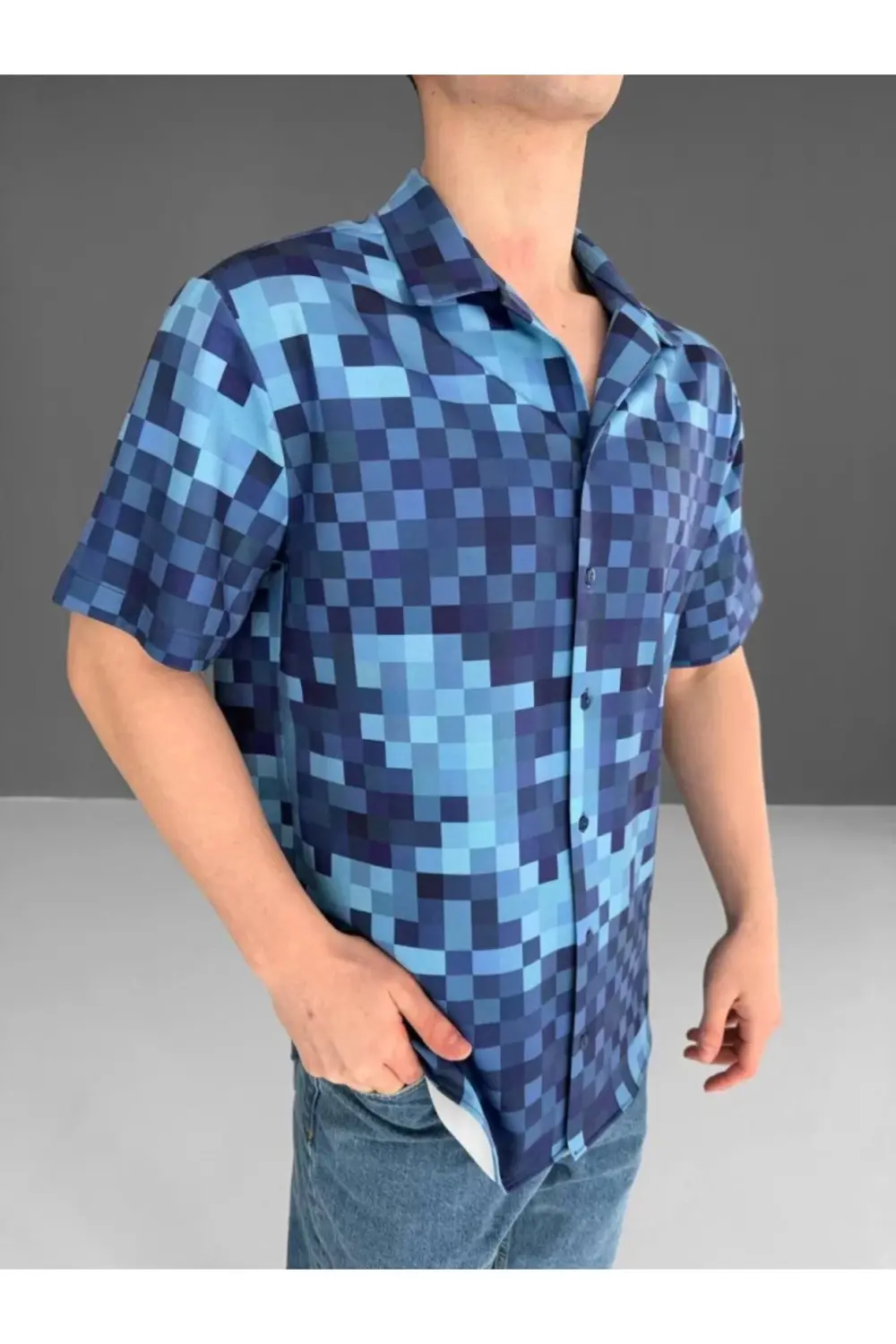 İki İplik Kumaş Baskılı Gömlek - Mavi