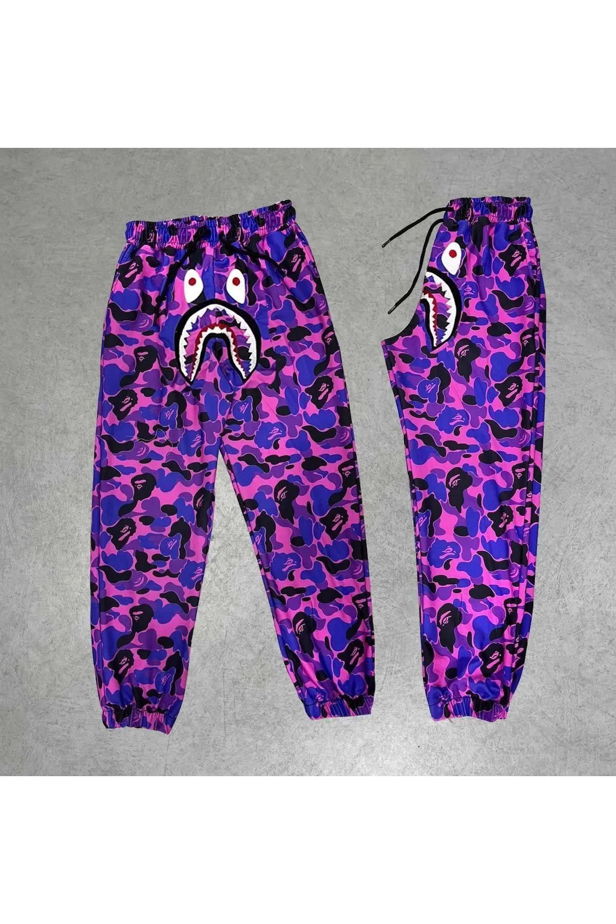 S'gizli İki İplik Mevsimlik Bape Nakişli Eşofman Pantolon - Mor