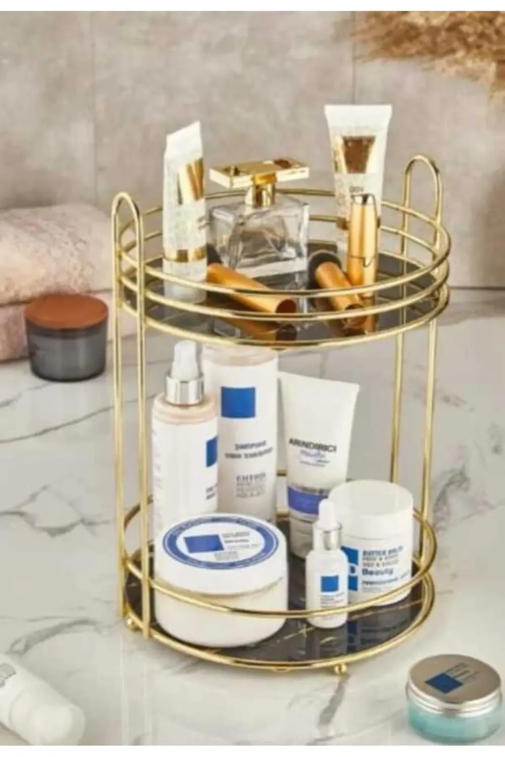 İki Katlı Yuvarlak Lüks Gold Kahve Yanı Sunumluk İkramlık Düzenle