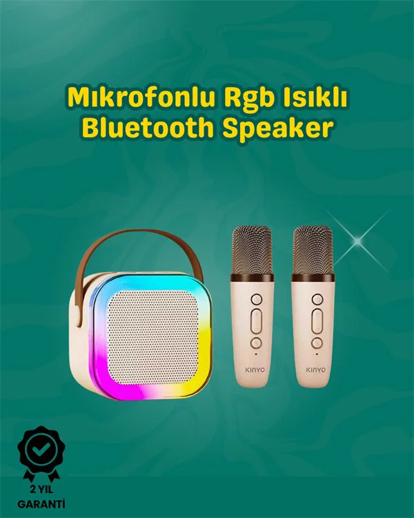 İki Mikrofonlu Renkli LED Işıklı Karaoke Cihazı - Taşınabilir Bluetooth Karaoke Hoparlör
