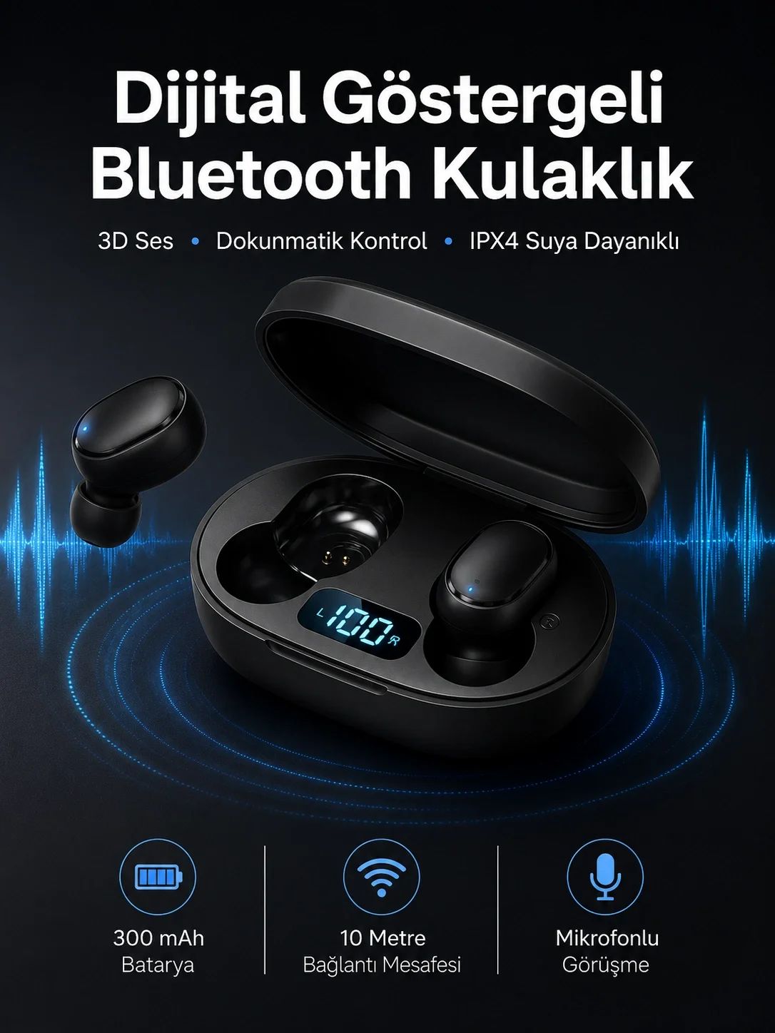 İkili Bluetooth Kulaklık Dijital Göstergeli Uzun Pil Ömrü Yüksek Ses Kaliteli Yeni Nesil