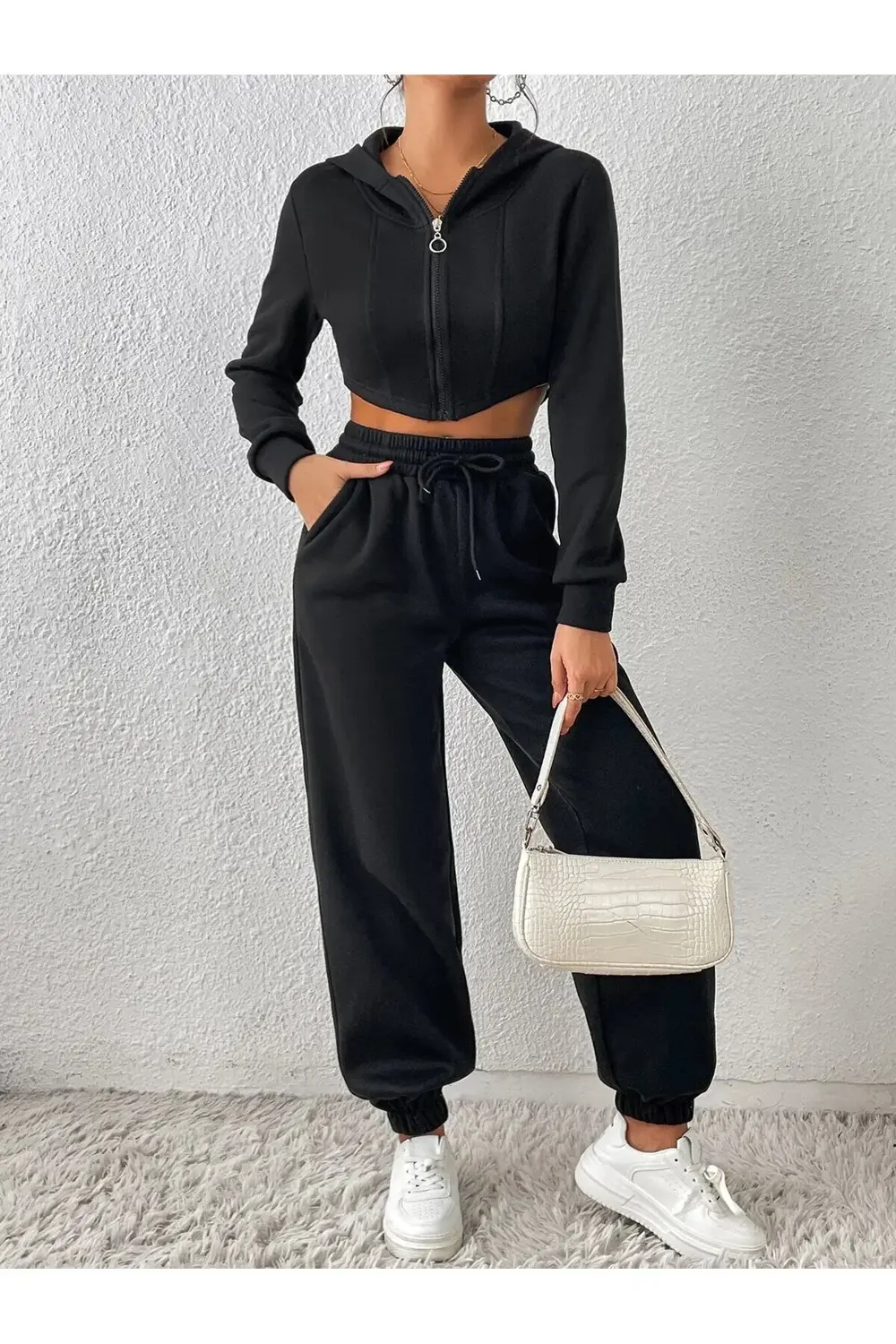 İKİLİ Jogger Eşofman Altı-Siyah Ve Gri Lastik Paça Yüksek Bel Eşo