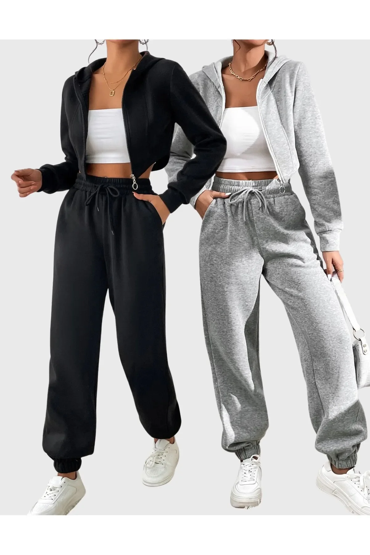 İKİLİ Jogger Eşofman Altı-Siyah Ve Gri Lastik Paça Yüksek Bel Eşofman
