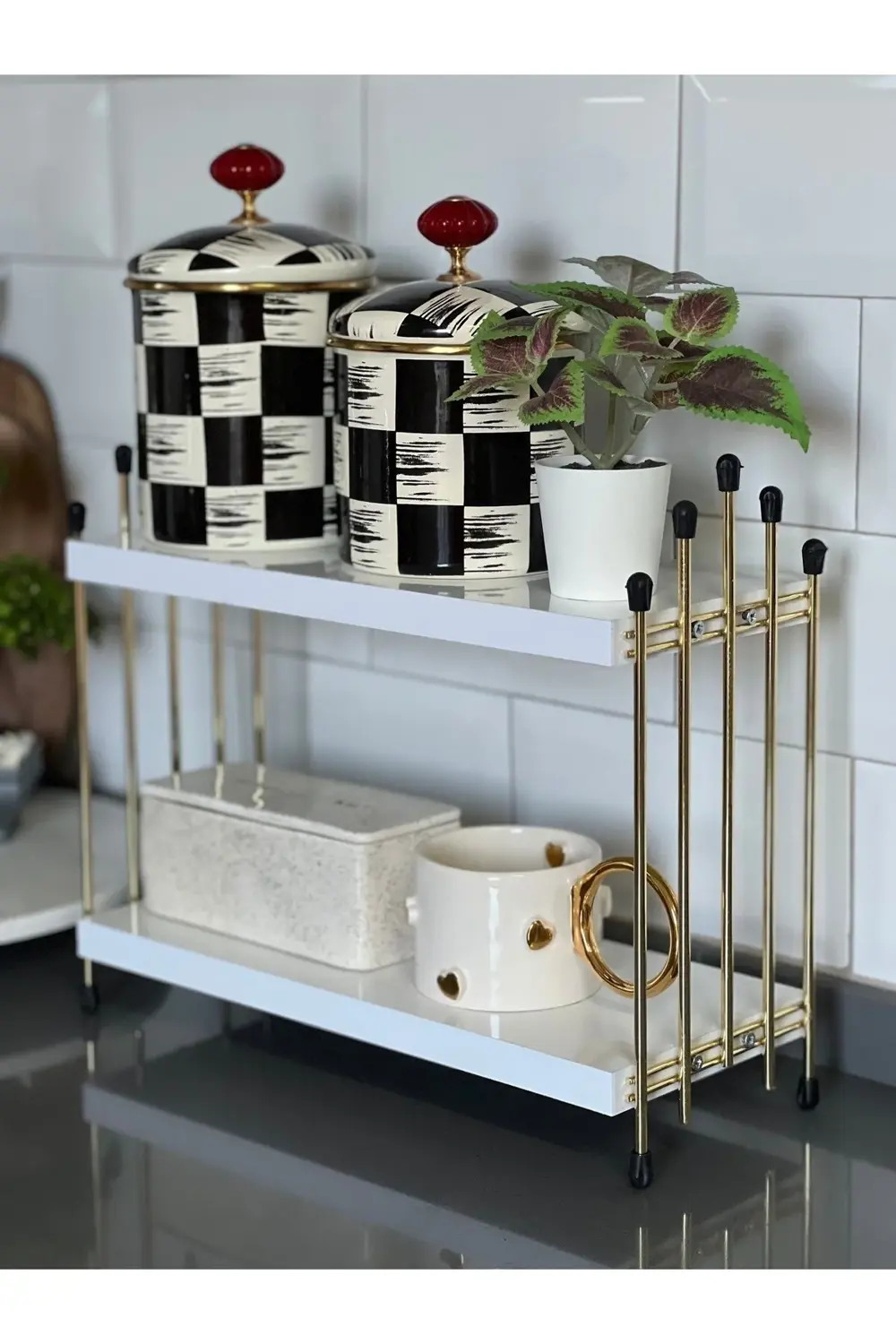 İKİLİ TEL RAF Mutfak Raf GOLD BEYAZ Tezgah Üstü Raf Kahve Köşesi