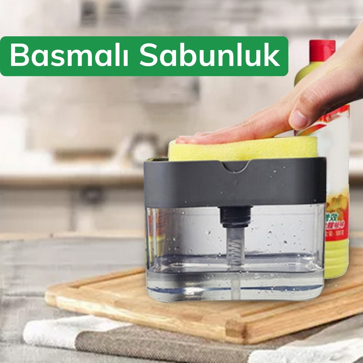 İkisi Bir Arada Basmalı Pratik Sıvı Sabunluk Pompası ve Bulaşık Y İkisi Bir Arada Basmalı Pratik Sıvı Sabunluk Pompası ve Bulaşık Y
