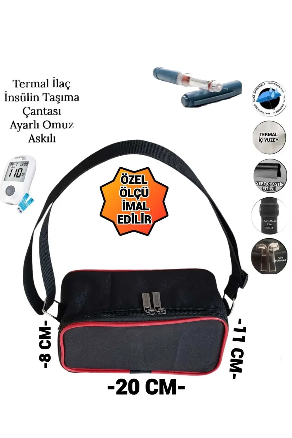 İlaç İnsülin Taşıma Termal Termos Çantası Ayarlı Omuz Askılı Omuz