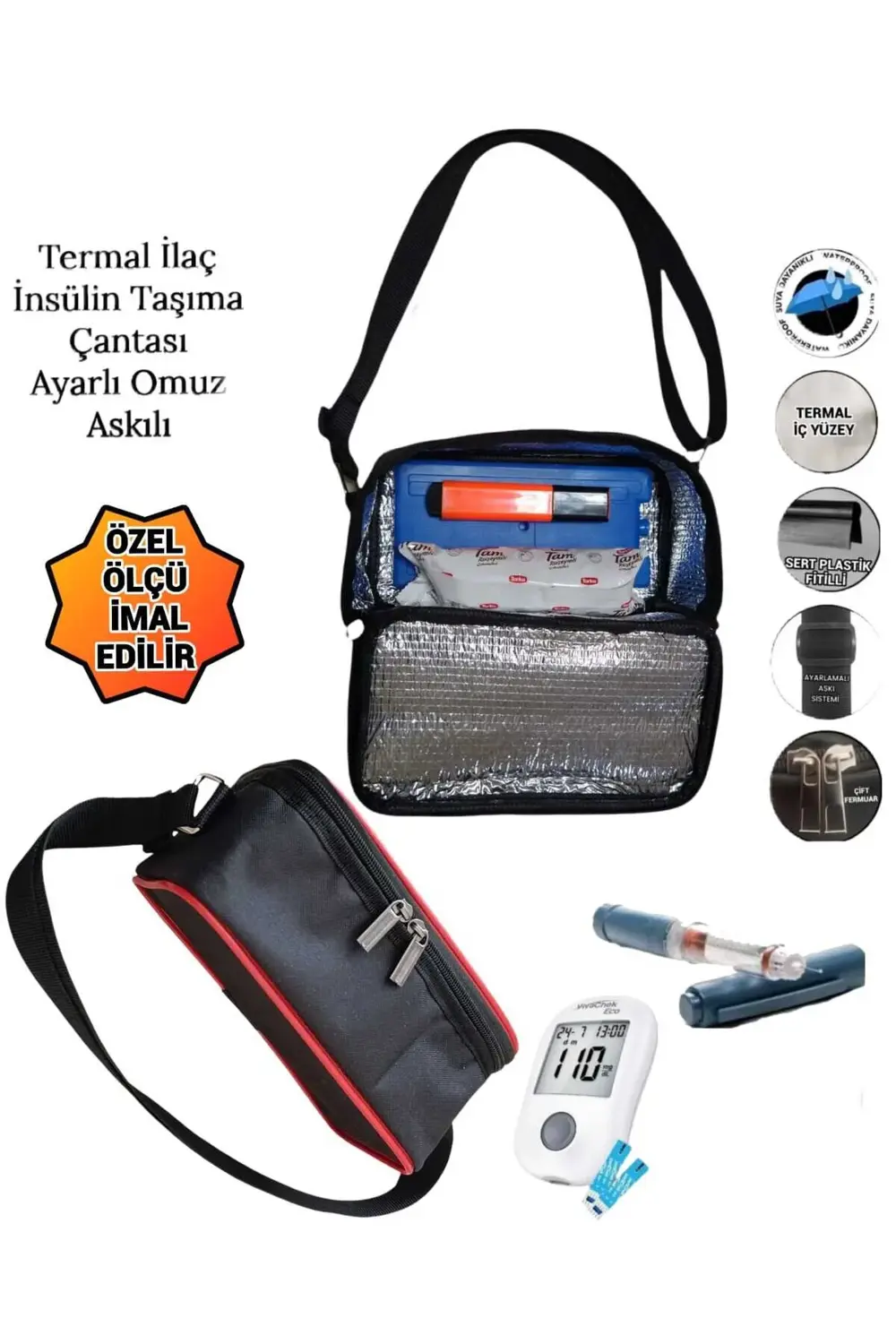 İlaç İnsülin Taşıma Termal Termos Çantası Ayarlı Omuz Askılı Omuz