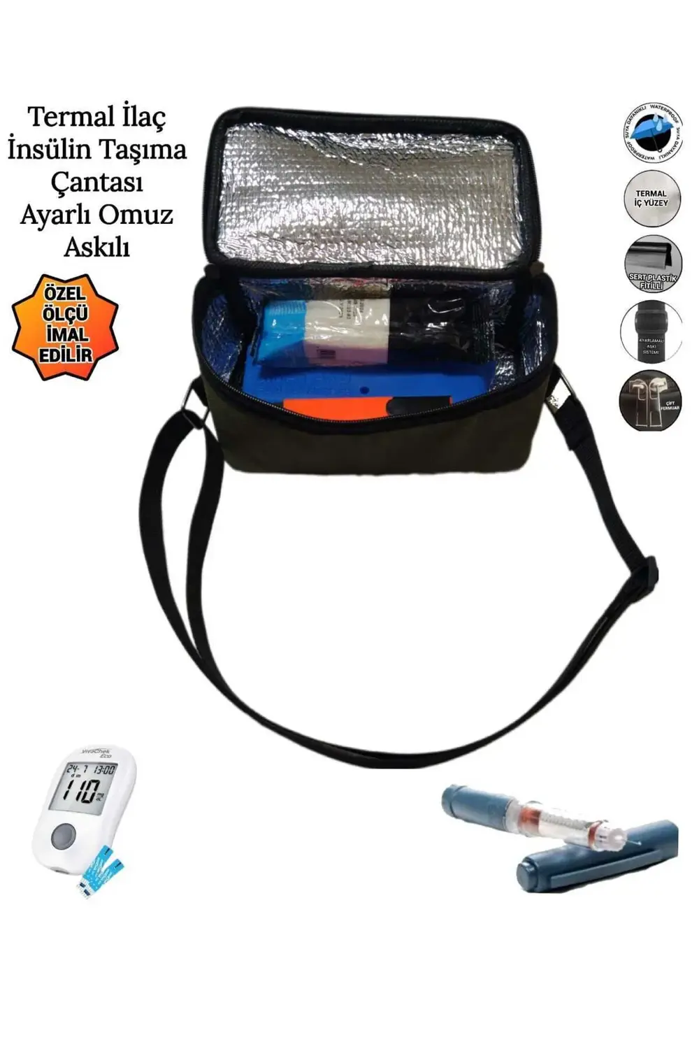 İlaç İnsülin Taşıma Termal Termos Çantası Ayarlı Omuz Askılı Omuz