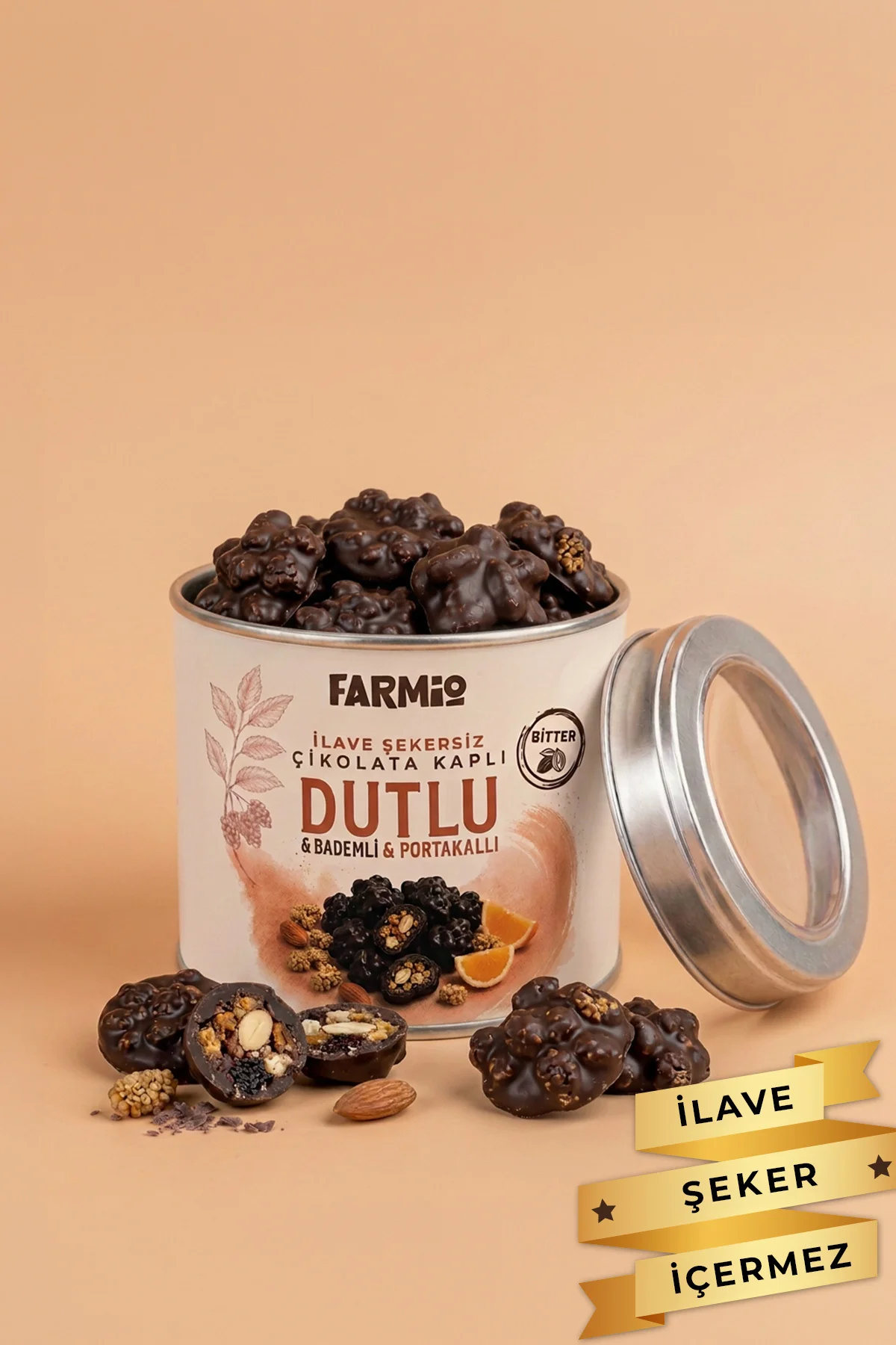 İlave Şekersiz Bitter & Portakallı Çikolata Kaplı Dut & Badem - 70gr Teneke Kutu Fiyatı, Yorumları ve Özellikleri