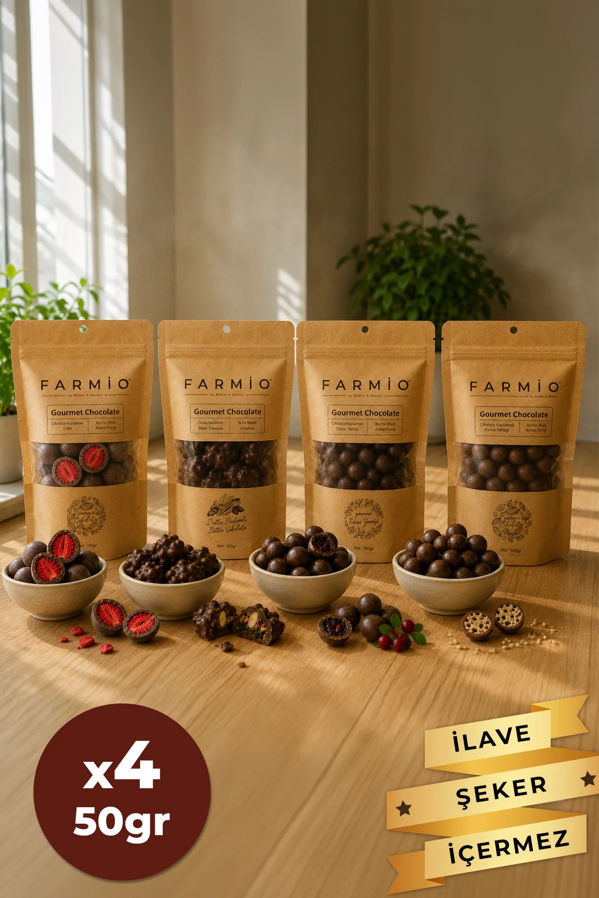 İlave Şekersiz Çikolata 4x50gr - Çilek, Kinoa Patlağı, Turna Yemişi, Dutlu & Bademli Fiyatı, Yorumları ve Özellikleri