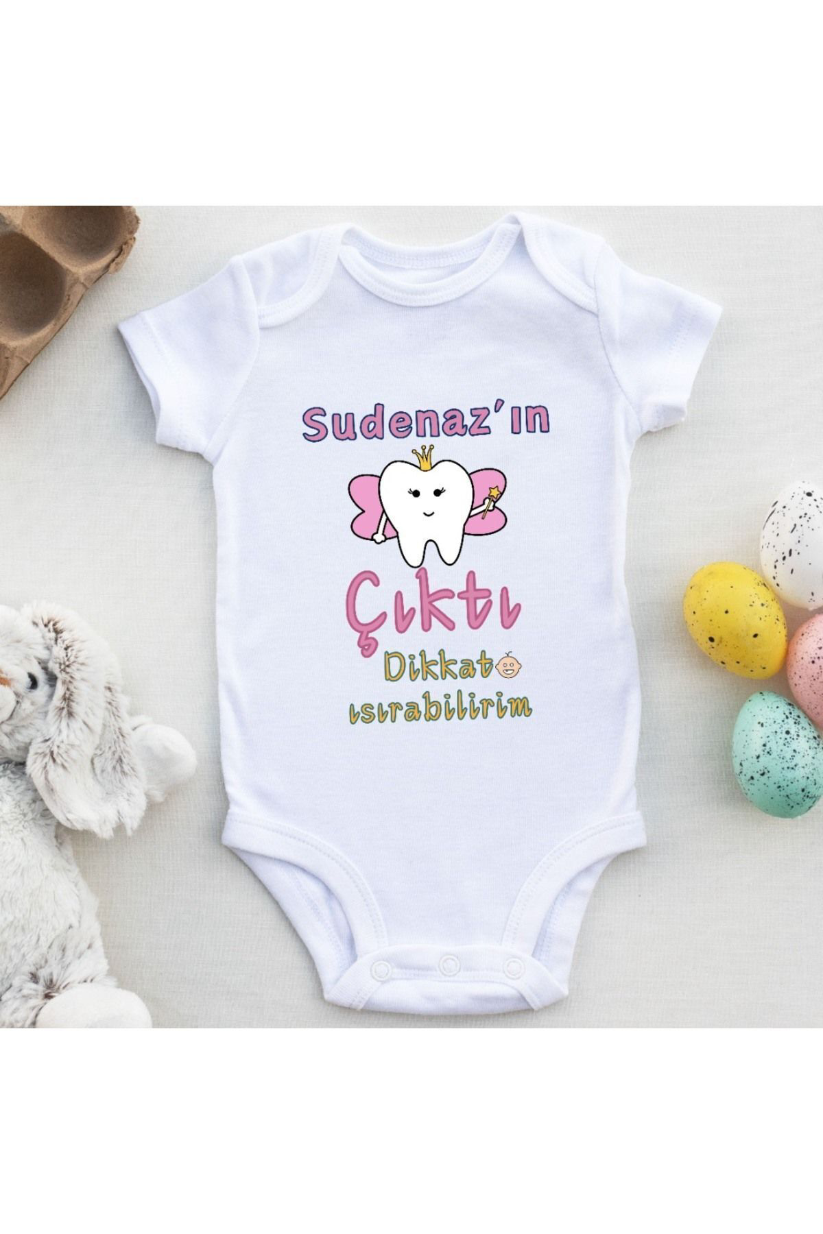 İlk Dişi Çıktı Dikkat Isırabilirim Yazılı Kız Bebek Zıbın