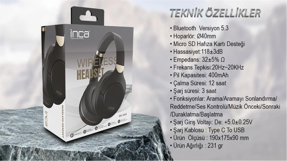 Inca IBK-503S Siyah 5.3 Bluetooth Wireless Kulaklık Micro Sd Kula