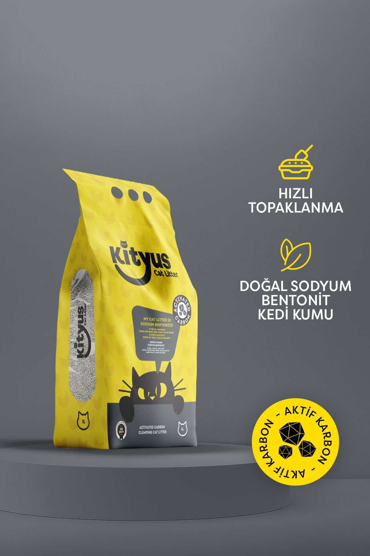 Kityus İnce Taneli, Tozsuz, Ekstra Aktif Karbonlu Bentonit Kedi Kumu 10L