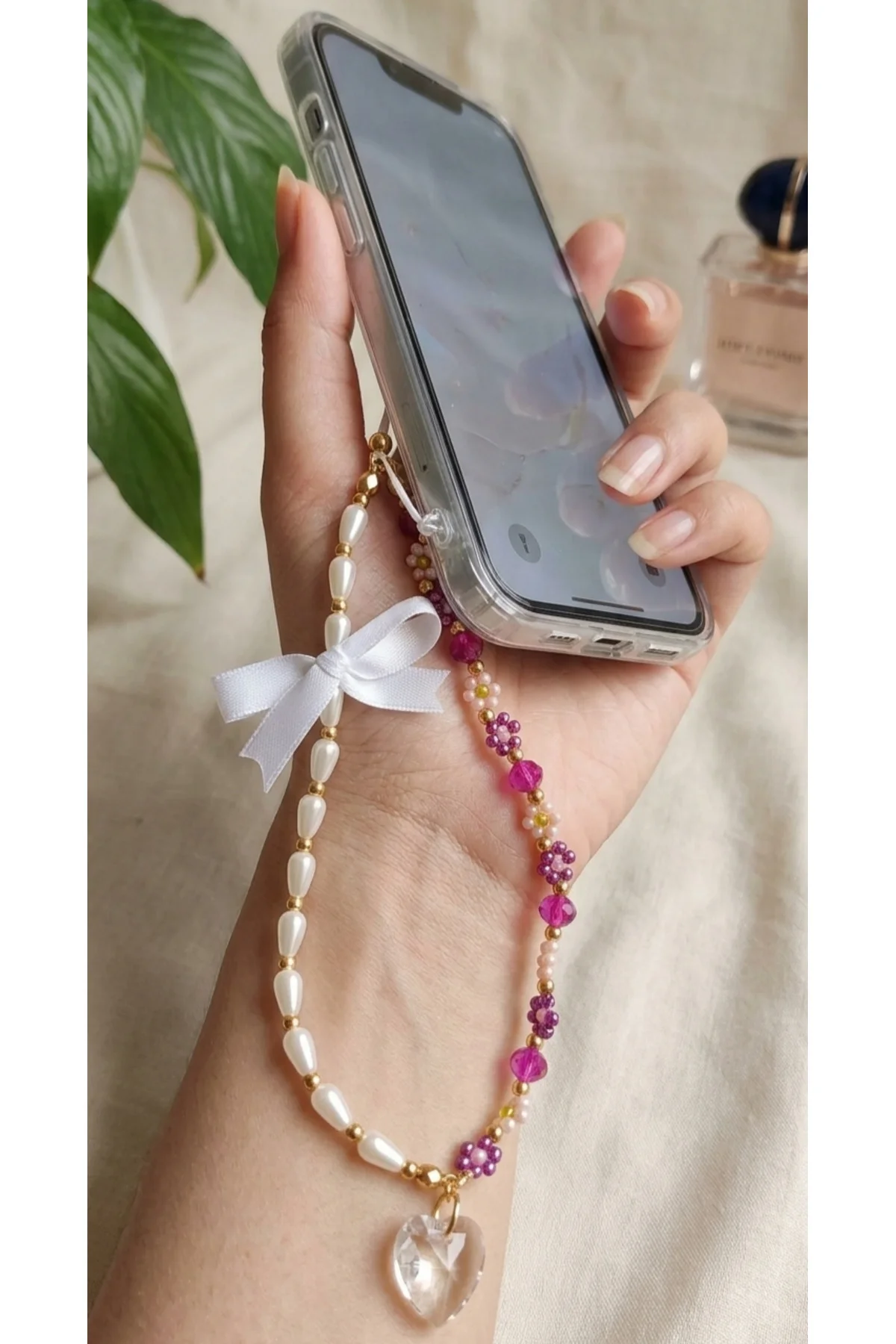 İnci Boncuklu Mor Telefon Bilek Askısı