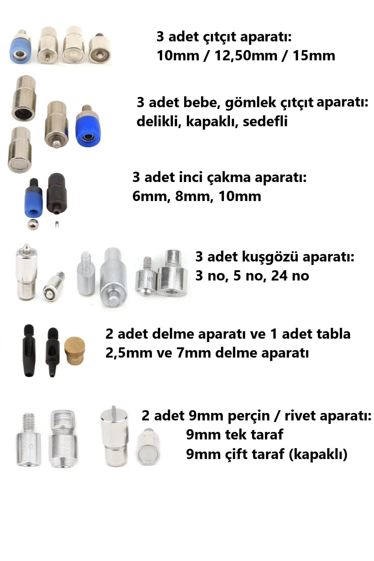 Inci, Çıtçıt, Klikit, Rivet, Kuşgözü, Perçin Kalıp Seti (17 Kalıp