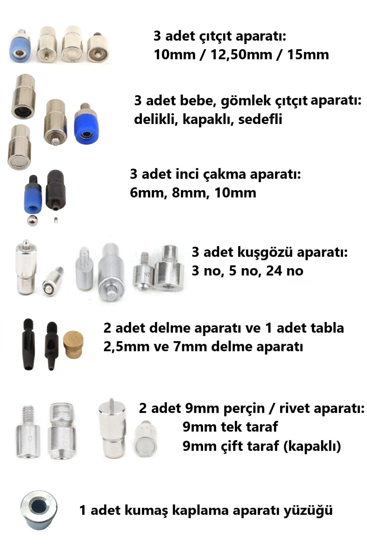 Inci, Çıtçıt, Rivet, Kuşgözü Takma Kalıplarıyla Kapsamlı Açık Pem
