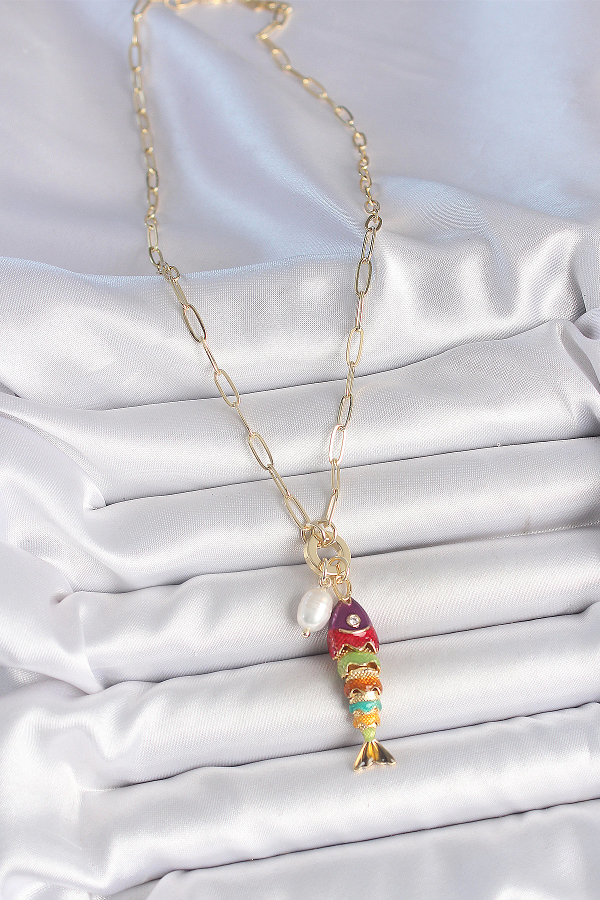 İnci Detaylı Zirkon Taşlı Rainbow Balık Figürlü Gold Renk Pirinç