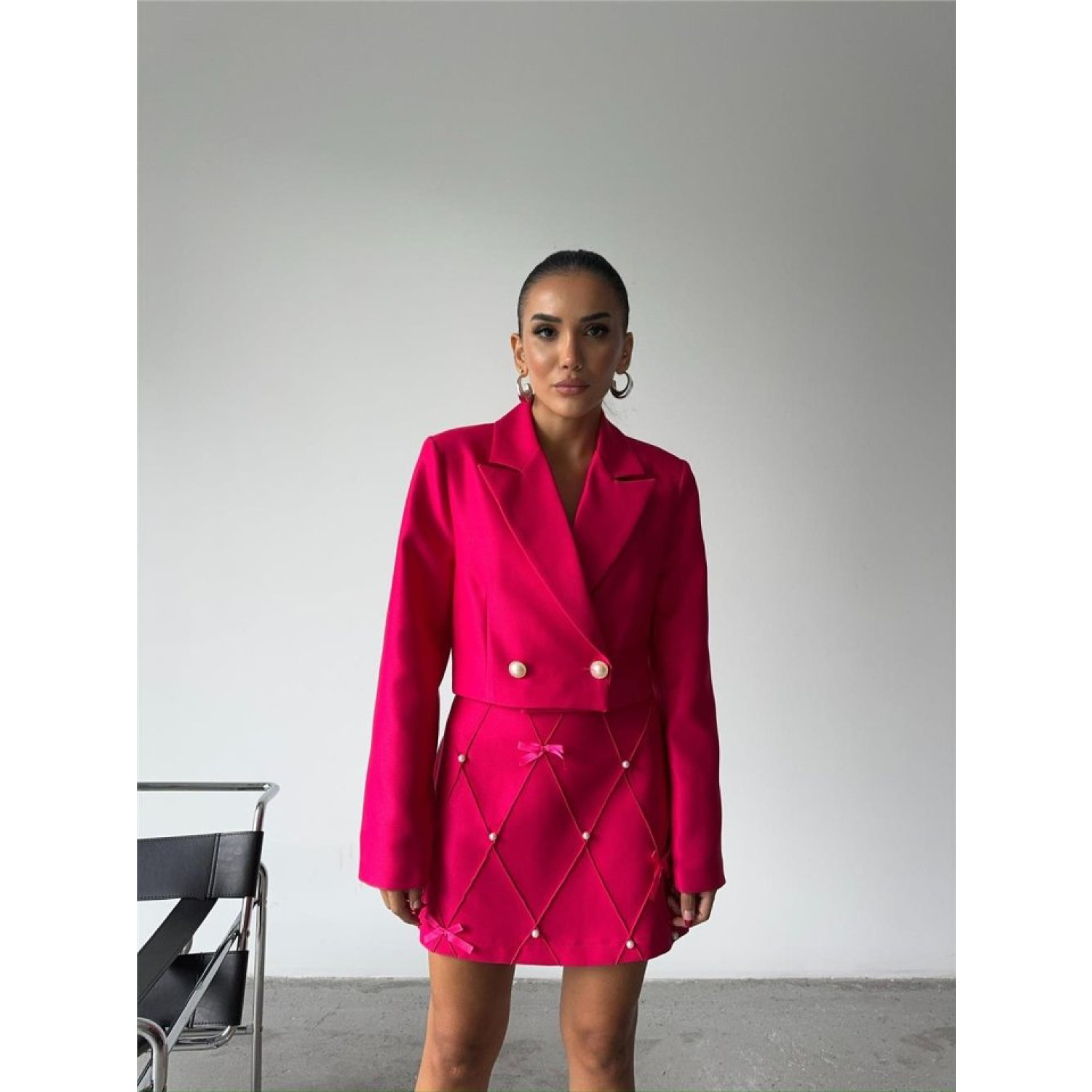 İNCİ KURDELE DETAYLI KISA ETEK - Fuşya