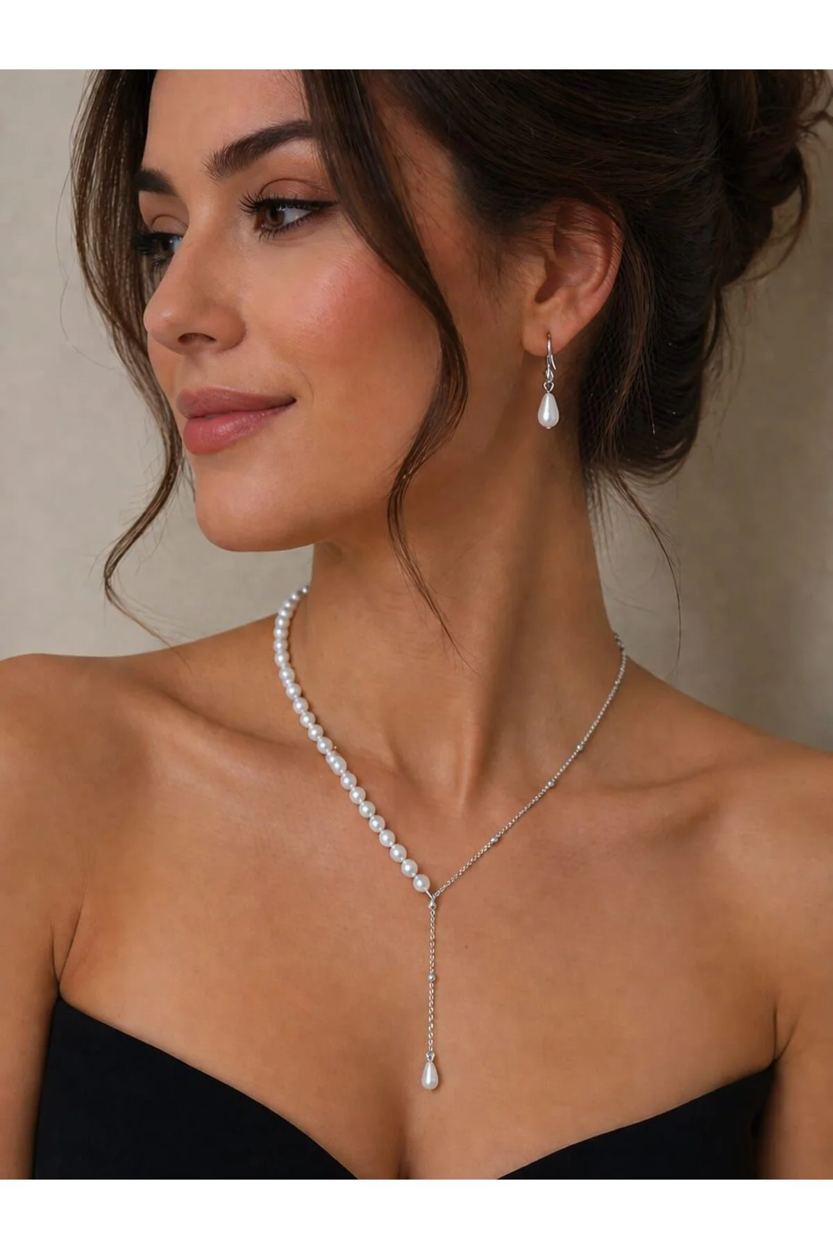 İNCİLİ DAMLA MODEL ZARİF ZİNCİRLİ Y KOLYE KÜPE SETİ