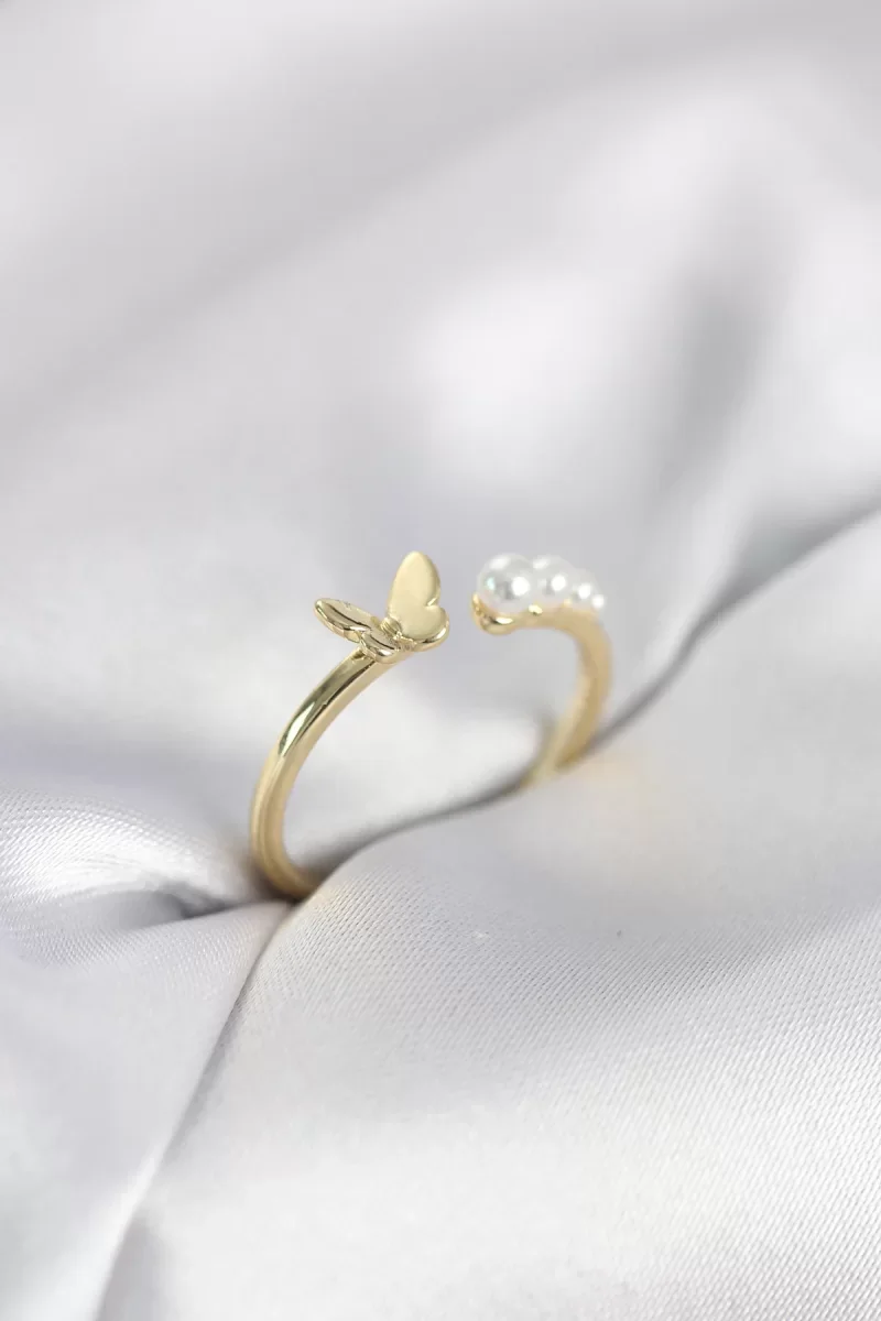 İncili Kelebek Model Gold Renk Pirinç Kadın Yüzük - Lisinya