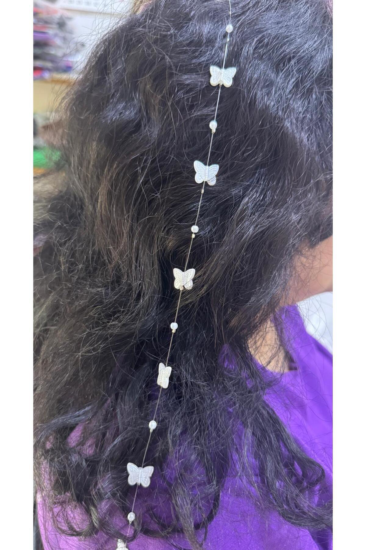 Arestokaaksesuar İncili Kelebekli Zarif Tel Tokali Misina Saç Aksesuari