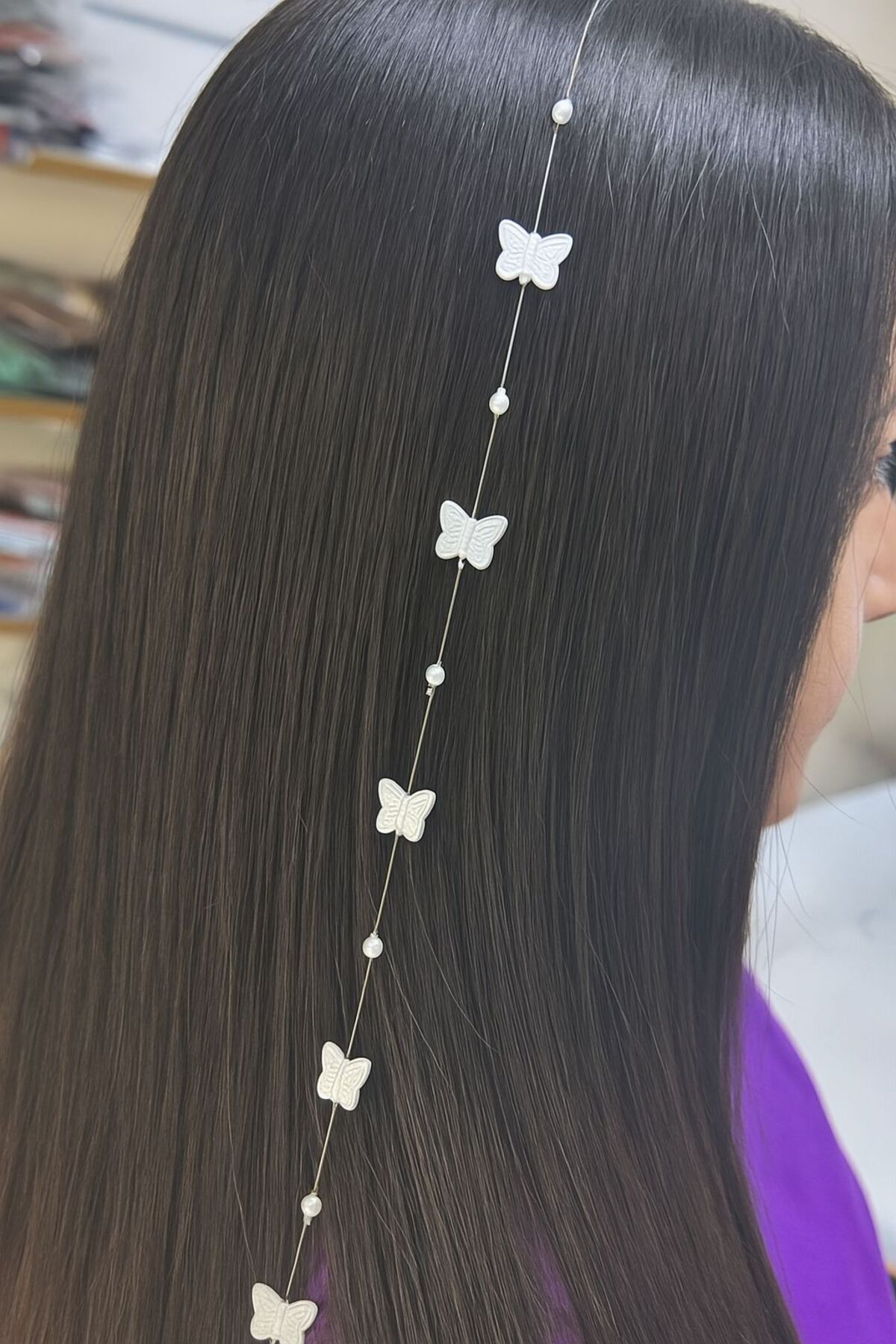 Arestokaaksesuar İncili Kelebekli Zarif Tel Tokali Misina Saç Aksesuari