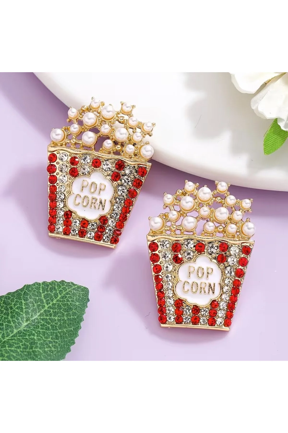 İncili ve Parlak Taşlı Popcorn Figürlü, Altın Renk Kaplama, İddialı Bijuteri Küpe - Görsel 2