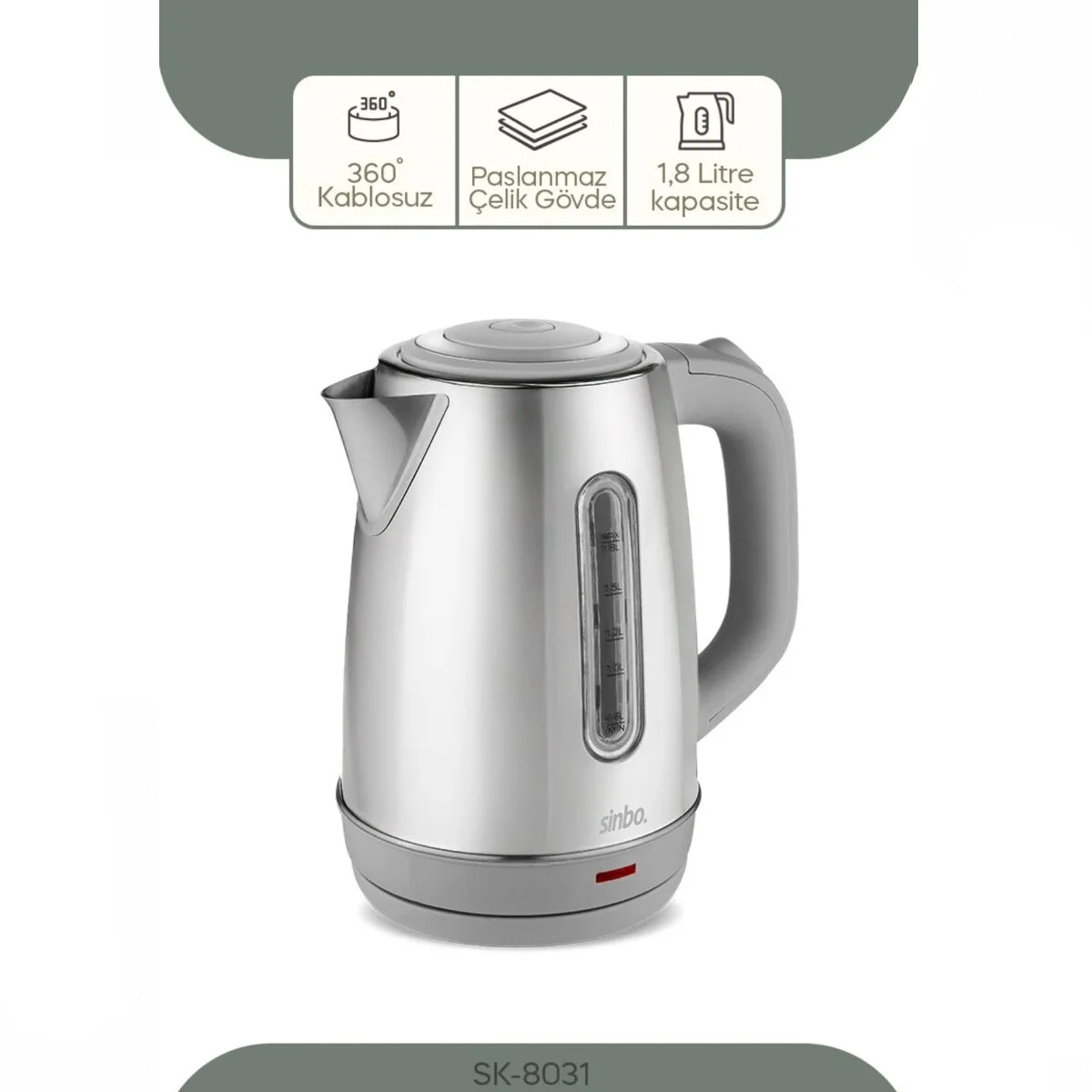 İnoks Çelik Kettle Su Isıtıcısı Kablosuz Kullanım 1.8LT 360° Dönebilme Otomatik Kapanma SK-8031 Fiyatı, Yorumları ve Özellikleri